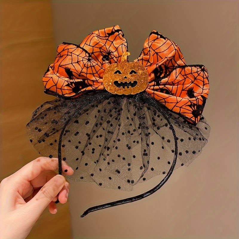 2 Pieces Halloween Pumpkin Headbands with Orange Spider Web Vintage Bows