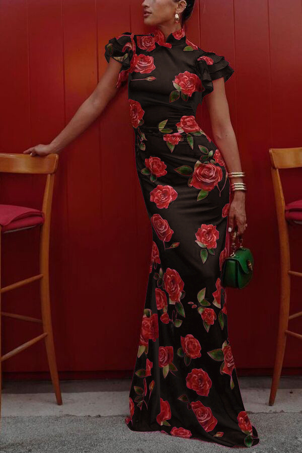 Fashion Rose Printed Slim Dress For Women Elegant High Collar Asymmetrical Splicing Ruffled Petal Sleeves A-line Long Dresses