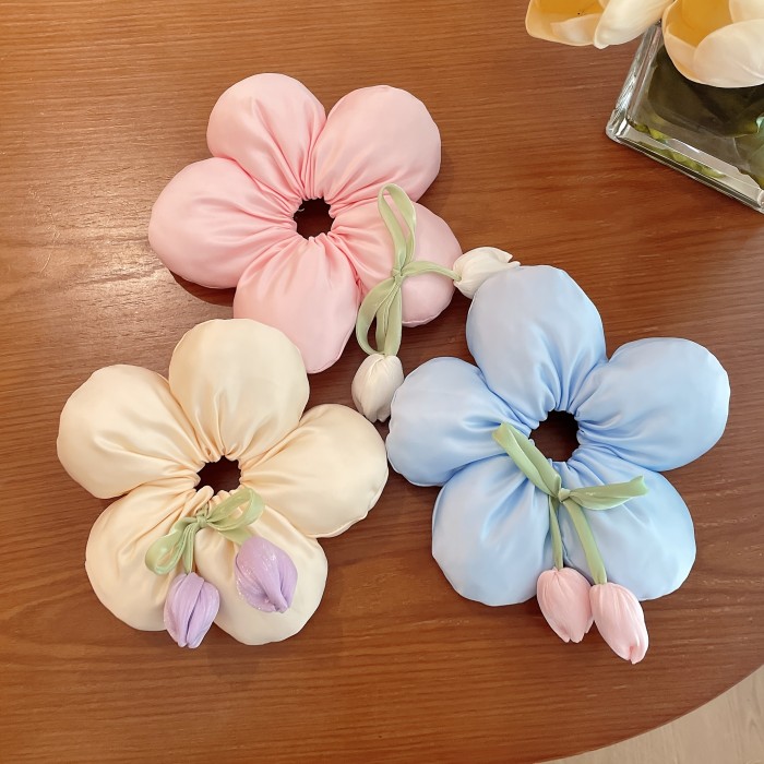 3pcs Set New Arrival 3D Flower Hair Ties, High-End Tulip Hair Accessories for Spring, Beaded Hair Bands