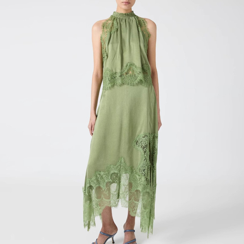 Lady Elegant Solid Color Lace Hollow Out 2 Piece Sexy Sleeveless O Neck Tank Tops Irregular Half Skirts Matching Sets Summer Set