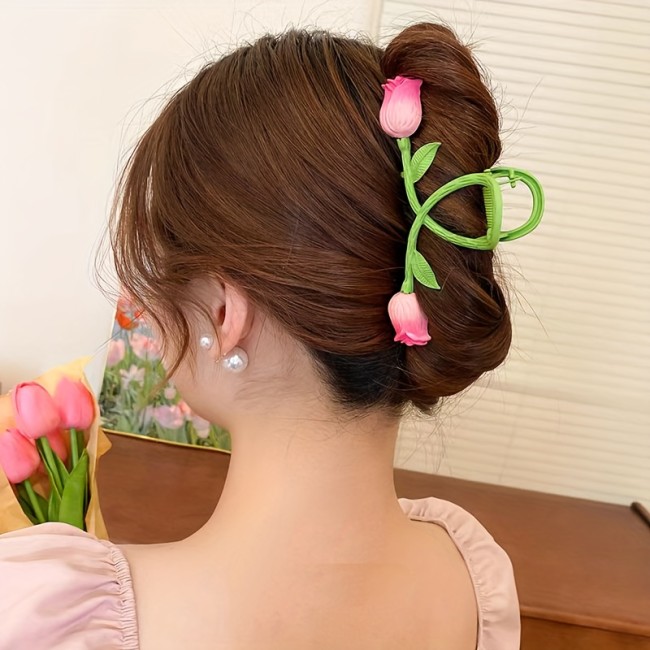 Pink Floral Hair Clip Elegant Pink Floral Hair Clip - Tulip Shaped Design, Durable Hairpin, Party Hairstyle