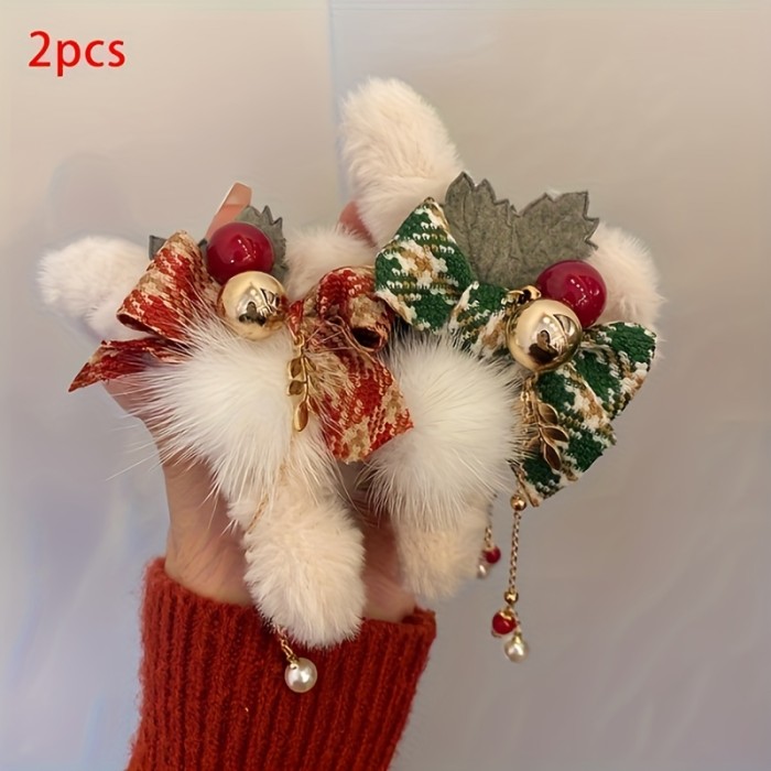 2pcs Elegant Christmas Plush Bow Tassel Hair Claw Clips for Women - Red & Green Rectangular Non-Slip Shark Clips with Faux Fur, Pine Leaves & Golden Accents, Secure Hold for Updos, Parties, Holidays, Mother's Day, Easter Gifts