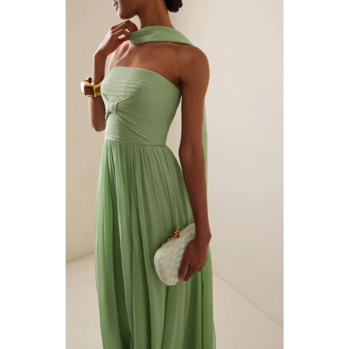 Elegant Strapless Evening Gown For Women Green Chiffon Hollow Out High Waist Long Dress Backless Party Outfit New