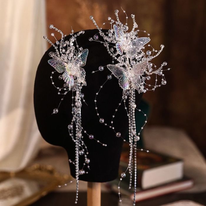 New Butterfly Hot Tassel Pearl Exquisite Hairpin Princess Bride Wedding Dress Headwear Senmeisen Crystal Hair Accessories