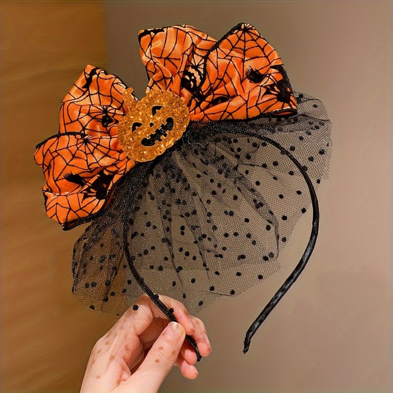 2 Pieces Halloween Pumpkin Headbands with Orange Spider Web Vintage Bows