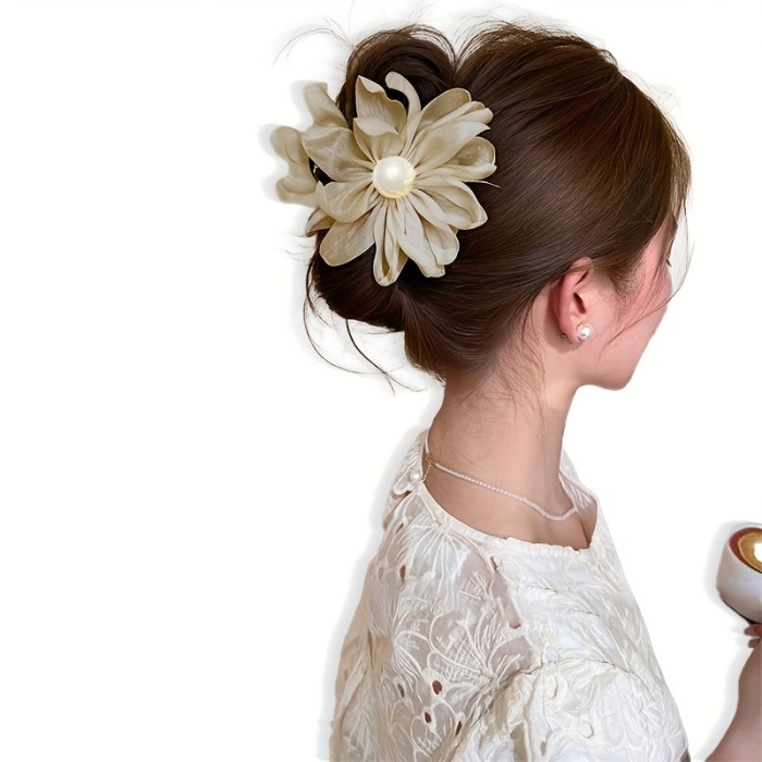 Women's Fabric Flower Hair Claw Clip - Sweet Style Embellished Medium Size Hair Accessory for Everyday & Party Wear, Solid Color Hair Clips for Updos, Ponytails, Buns, Cute Hair Accessories, Elegant Hairpiece
