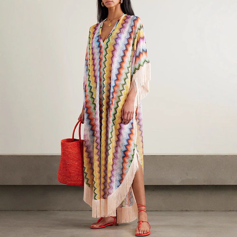 Boho Colorful Striped Print Splicing Tassel Dress Woman Spring V Neck Loose Long Dress Autumn Half Sleeve Vacation Beach Coverup