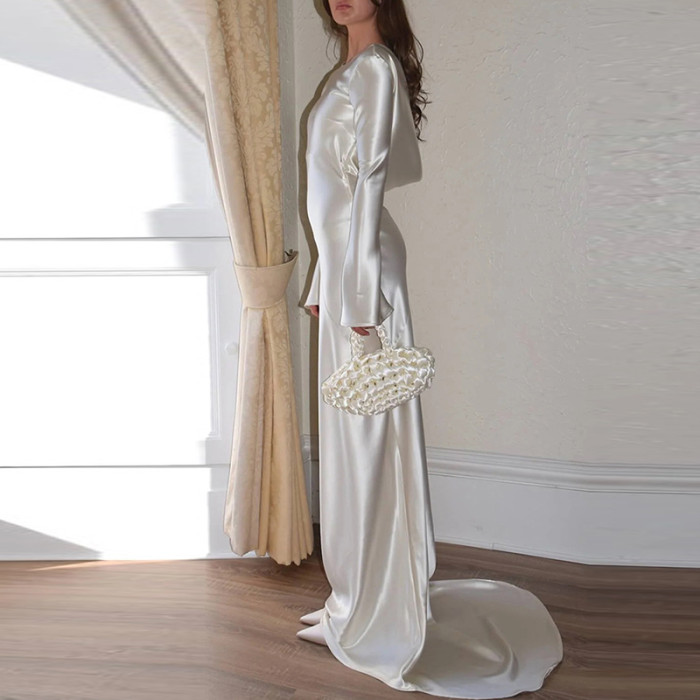 White Satin Long Sleeved Slim Evening Dress Sexy Hollow Out Backless Mermaid Robe Dress New Autumn Women O Neck Fashion Dresses