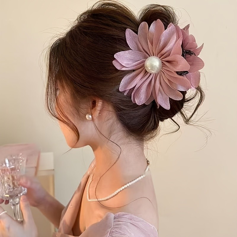 Women's Fabric Flower Hair Claw Clip - Sweet Style Embellished Medium Size Hair Accessory for Everyday & Party Wear, Solid Color Hair Clips for Updos, Ponytails, Buns, Cute Hair Accessories, Elegant Hairpiece