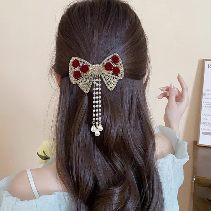 1pc, Elegant High Quality Exquisite Tassel Hair Clip, Flower Theme Rhinestone Bow Design Hair Clip, Women's Princess Style Hair Accessories, Photography Props, Ideal for Valentine's Day Gifts