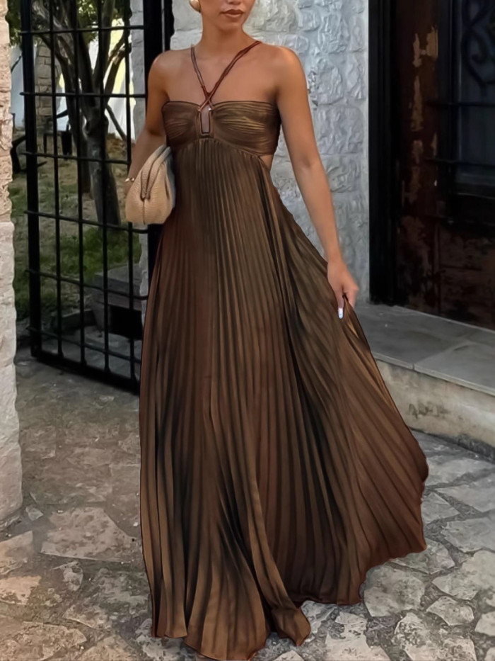 Casual Sleeveless Solid Color Holiday Dress Summer Sexy Halter Hollow Off Shoulder Party Dress Blue High Waist Pleats Robe Dress