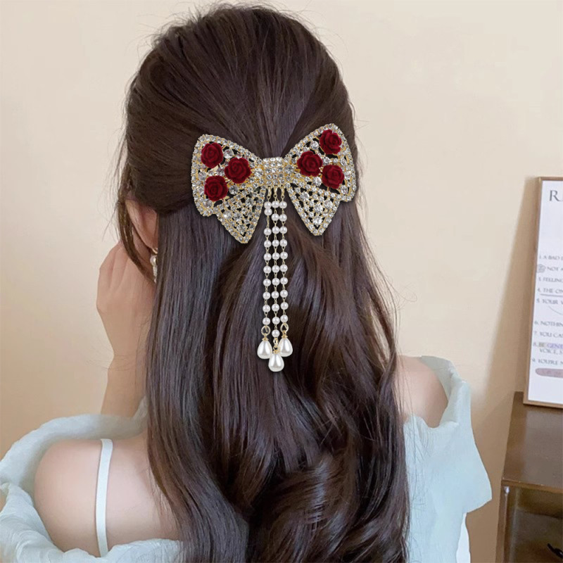 1pc, Elegant High Quality Exquisite Tassel Hair Clip, Flower Theme Rhinestone Bow Design Hair Clip, Women's Princess Style Hair Accessories, Photography Props, Ideal for Valentine's Day Gifts