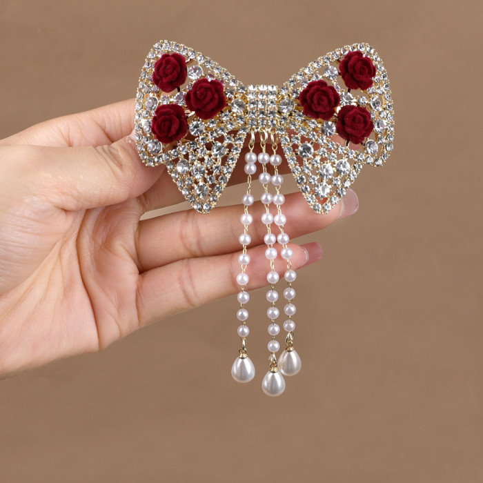 1pc, Elegant High Quality Exquisite Tassel Hair Clip, Flower Theme Rhinestone Bow Design Hair Clip, Women's Princess Style Hair Accessories, Photography Props, Ideal for Valentine's Day Gifts