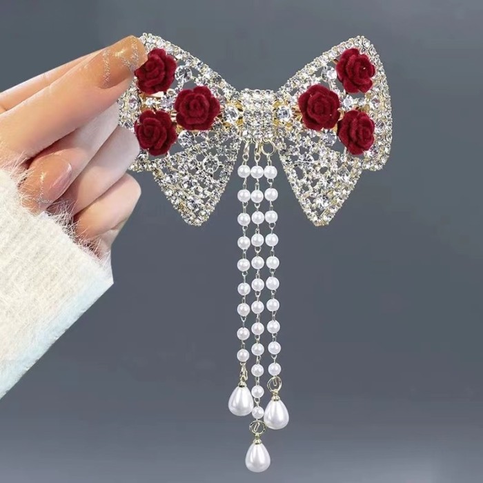 1pc, Elegant High Quality Exquisite Tassel Hair Clip, Flower Theme Rhinestone Bow Design Hair Clip, Women's Princess Style Hair Accessories, Photography Props, Ideal for Valentine's Day Gifts