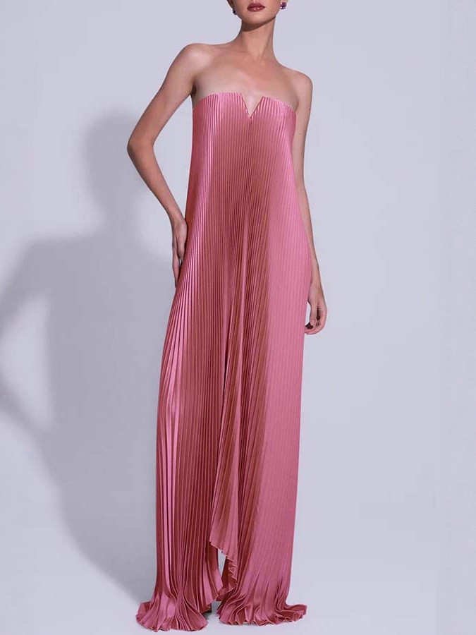 Elegant High Waisted Fold Long Dress Sexy Backless Party Floor-length Dress Show Style Sleeveless Chest Wrapping Evening Dress