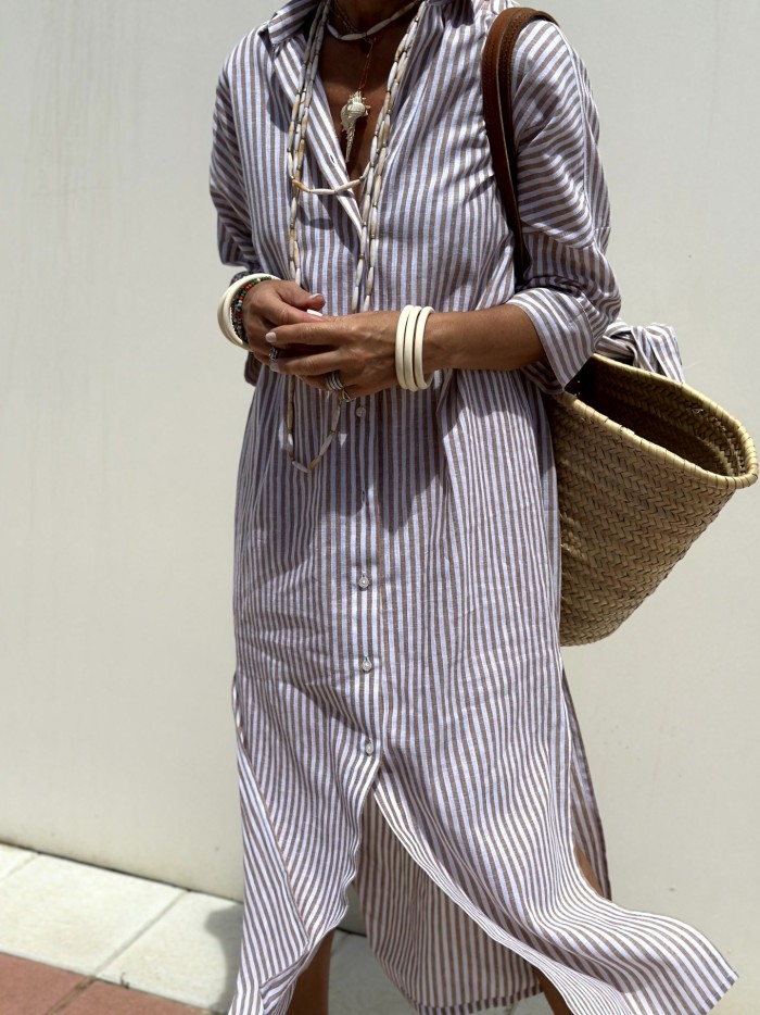 Casual Striped Shirt for Women Vintage Women's Blouses Long Dress Fashion Elegant Youth Female Button Up Shirt Dress