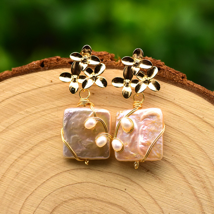 Handmade Flower Drop Earrings Natural Baroque Square Pearl Earrings For Women Fine Jewelry