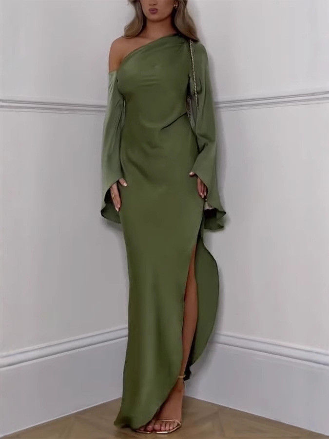 Green Asymmetrical Slim Women Robe Dress Sexy Off Shoulder Long Sleeved Party Dress