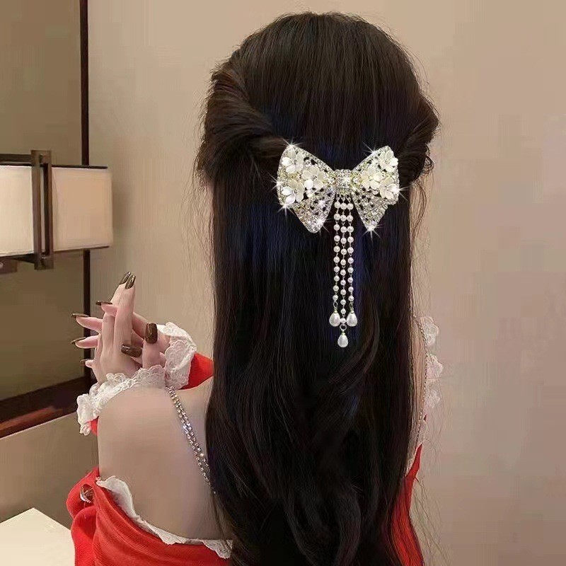 1pc, Elegant High Quality Exquisite Tassel Hair Clip, Flower Theme Rhinestone Bow Design Hair Clip, Women's Princess Style Hair Accessories, Photography Props, Ideal for Valentine's Day Gifts