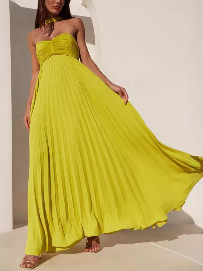 Women's Fashion Solid Color Pleated Sleeveless Tube Dress