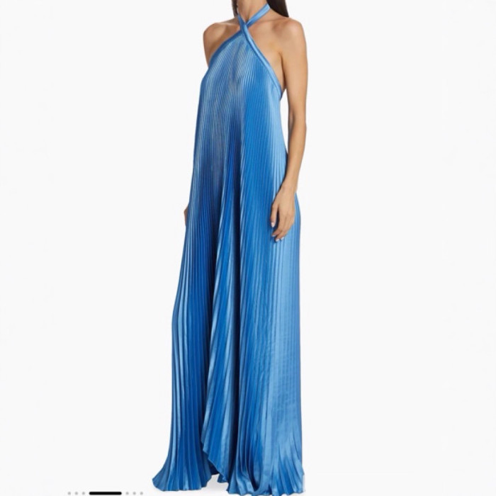 Halter Cross Straps Long Pleated Asymmetric Hem Sleeveless Backless Elegant Evening Long Maxi Dresses Sexy Holiday Chic Summer