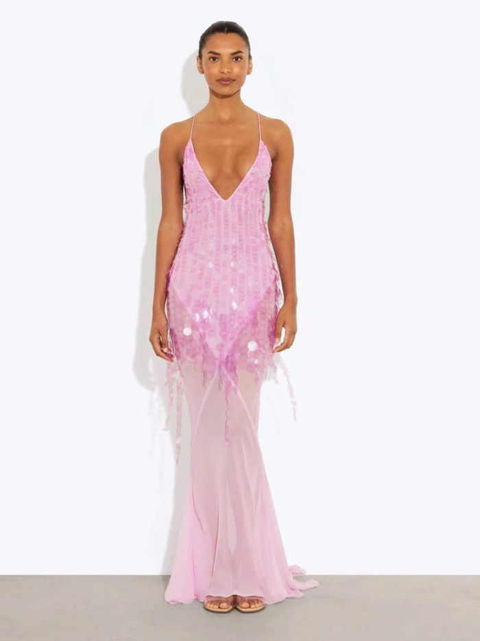 New Summer Sequins Patchwork Mesh Slim Long Dress Women Casual Vacation Mermaid Dress Sexy Suspender V Neck Backless Slim Dress