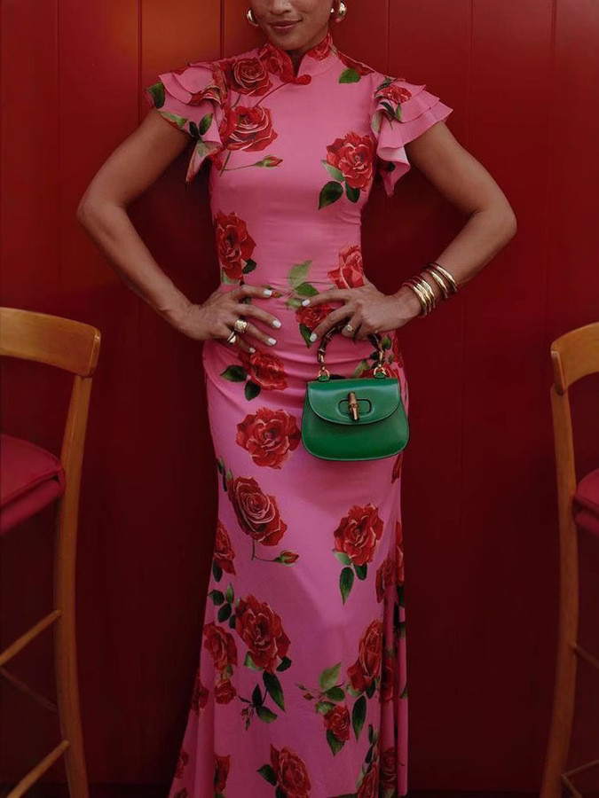 Fashion Rose Printed Slim Dress For Women Elegant High Collar Asymmetrical Splicing Ruffled Petal Sleeves A-line Long Dresses