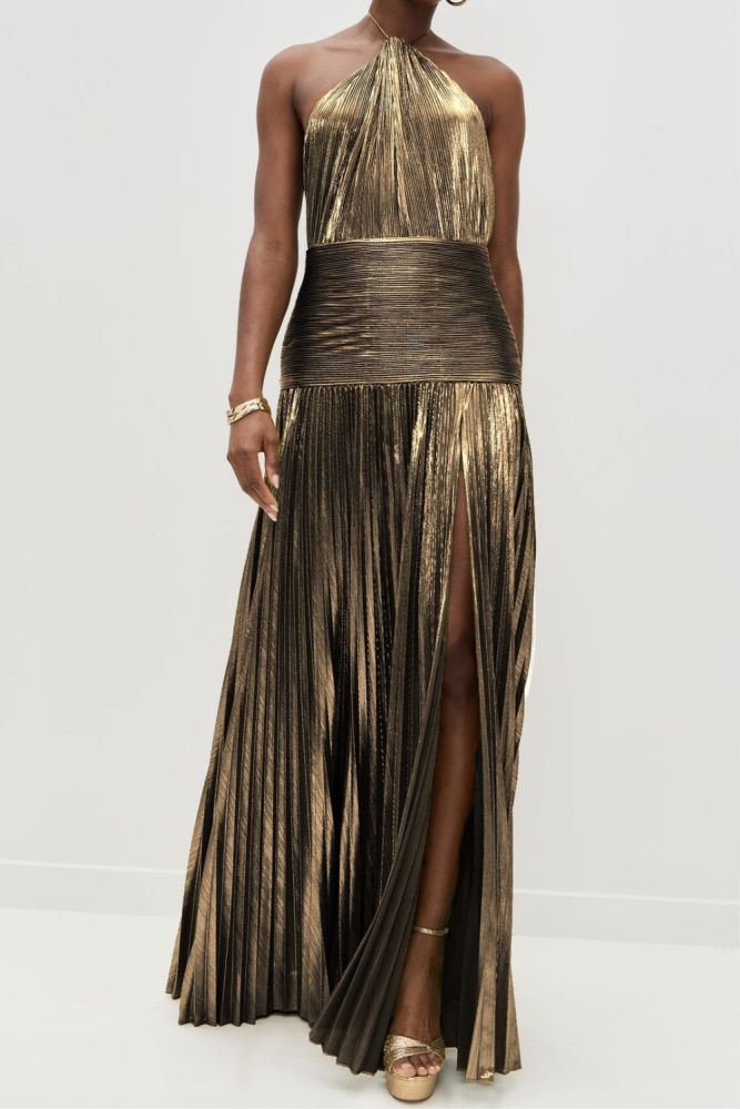 Vestido Woman Sexy Tie-up Halter Pleated Dress Spring Solid High Waist Slit Banquet Dress Elegant Backless Hollow Zip Boho Dress