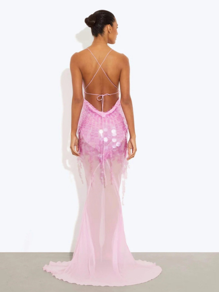 New Summer Sequins Patchwork Mesh Slim Long Dress Women Casual Vacation Mermaid Dress Sexy Suspender V Neck Backless Slim Dress