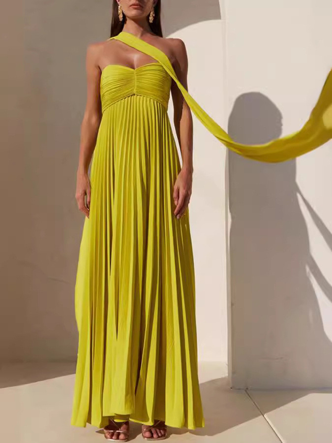 Women's Fashion Solid Color Pleated Sleeveless Tube Dress