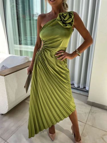 Sexy Diagonal Collar Sleeveless Waist Party Dress Women Elegant Hollow Out Solid Gown Dress Fashion Flower Decoration Long Dress