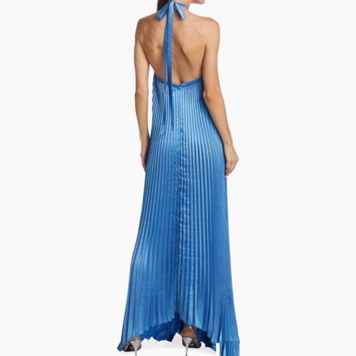 Halter Cross Straps Long Pleated Asymmetric Hem Sleeveless Backless Elegant Evening Long Maxi Dresses Sexy Holiday Chic Summer