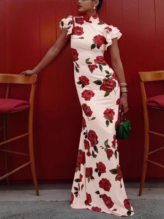 Fashion Rose Printed Slim Dress For Women Elegant High Collar Asymmetrical Splicing Ruffled Petal Sleeves A-line Long Dresses