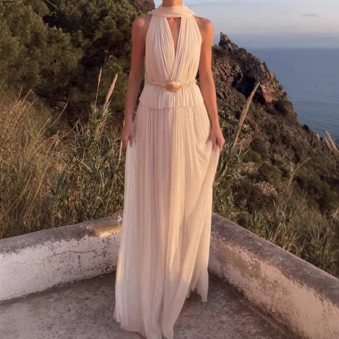 Women's Backless Halter 2 Piece Set – Deep V Top & Pleated Skirt Outfit