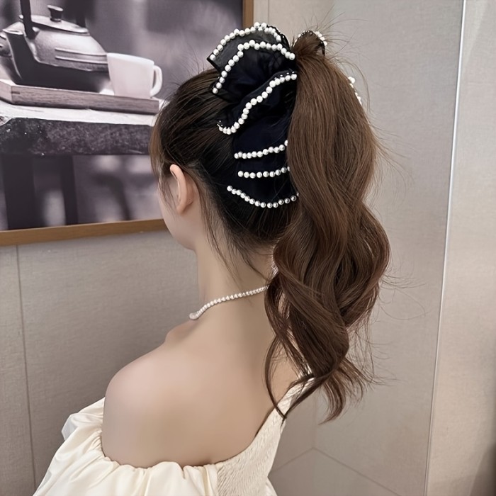 1pc Elegant Bohemian Style Large Hair Clip with Imitation Pearls & Bow, Non-Slip, Strong Grip for Thick Hair, Fashion Accessory (Decorative Accessory Color Position Random), Stylish Hair Accessory | Decorative Bow Hair Clip | Secure Hair Clip, Hair Clip for Long Hair