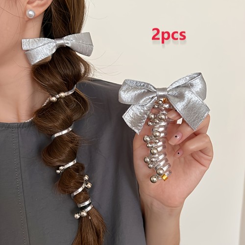 2pcs New Silveryy Beaded Bow Hair Ties Satin Bow Hair Bands Women'S Fashion Y2K Headwear Accessories