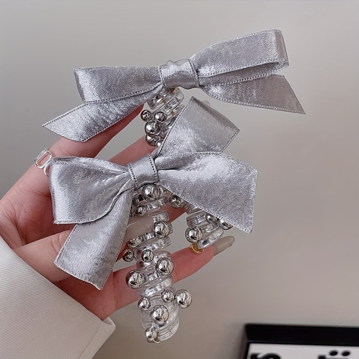 2pcs New Silveryy Beaded Bow Hair Ties Satin Bow Hair Bands Women'S Fashion Y2K Headwear Accessories