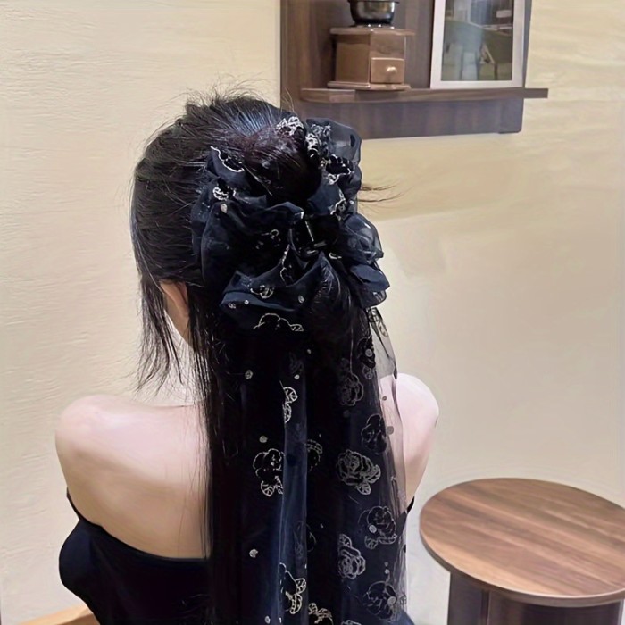 Black Rose Hair Claw with Ribbon Elegant Black Rose Mesh Hair Claw with Long Ribbon - Chic Floral Print, Perfect for All Seasons & Occasions - Ideal Gift for Teens