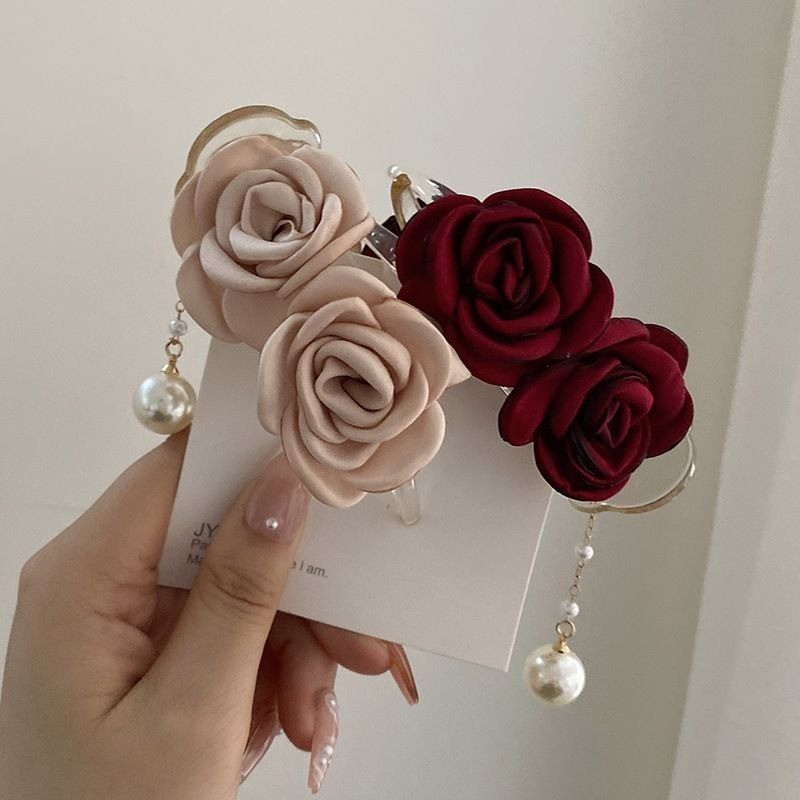 2pcs Elegant Rose Hair Clips - Soft Pink & Burgundy Floral Hairpins with Pearl Accents, Secure Shark Clip for Women, Minimalist Sweet Style Hair Accessories for Updos, Ponytails, Buns, Everyday & Formal Events, Cute Hair Clips, Ponytail Holders, Sophisticated Design, Durable Hairpins, Bun Holders, Delicate Design, Lightweight Hairpins, Fashion Lovers, Hair Clamp, Hairpin Set, Hair Clamps, Long Hair Accessories