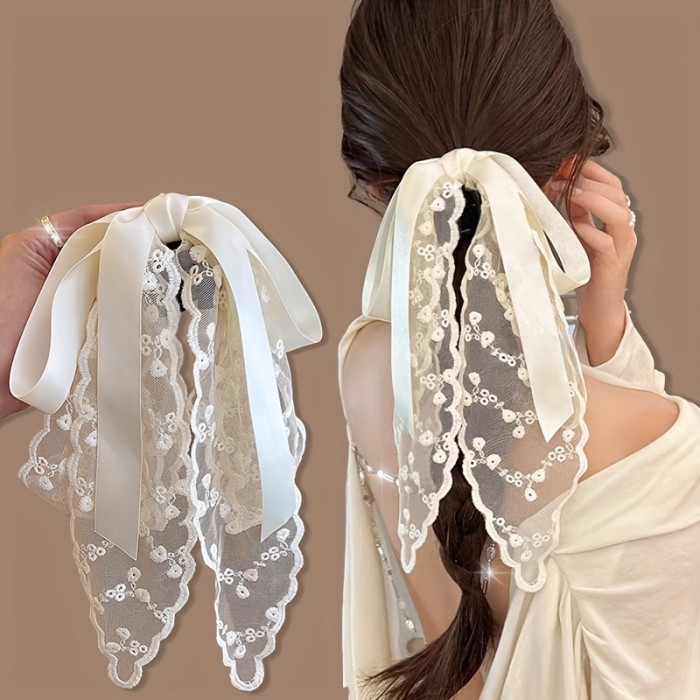 🎀Elegant Lace Ribbon Bow Hair Clip 💕 Floral Pattern Acrylic Accessory for Women & Teens