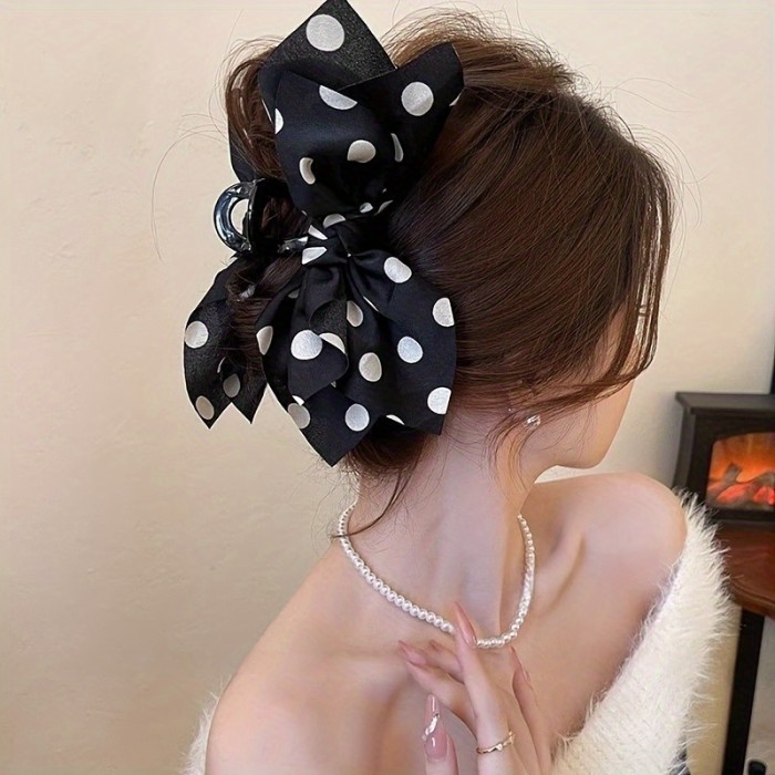 Elegant Hair Claw Clip - hold for updos, buns, ponytails - Black and White Polka Dot Hair accessory for, Formal Events, Everyday Hairstyles - Vintage Hair Clip for Volume & Grip, Special Occasion Hairpiece, Classic Bow Design, Highquality Hairpiece
