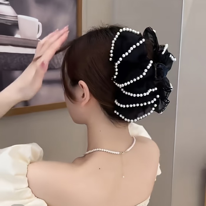 1pc Elegant Bohemian Style Large Hair Clip with Imitation Pearls & Bow, Non-Slip, Strong Grip for Thick Hair, Fashion Accessory (Decorative Accessory Color Position Random), Stylish Hair Accessory | Decorative Bow Hair Clip | Secure Hair Clip, Hair Clip for Long Hair