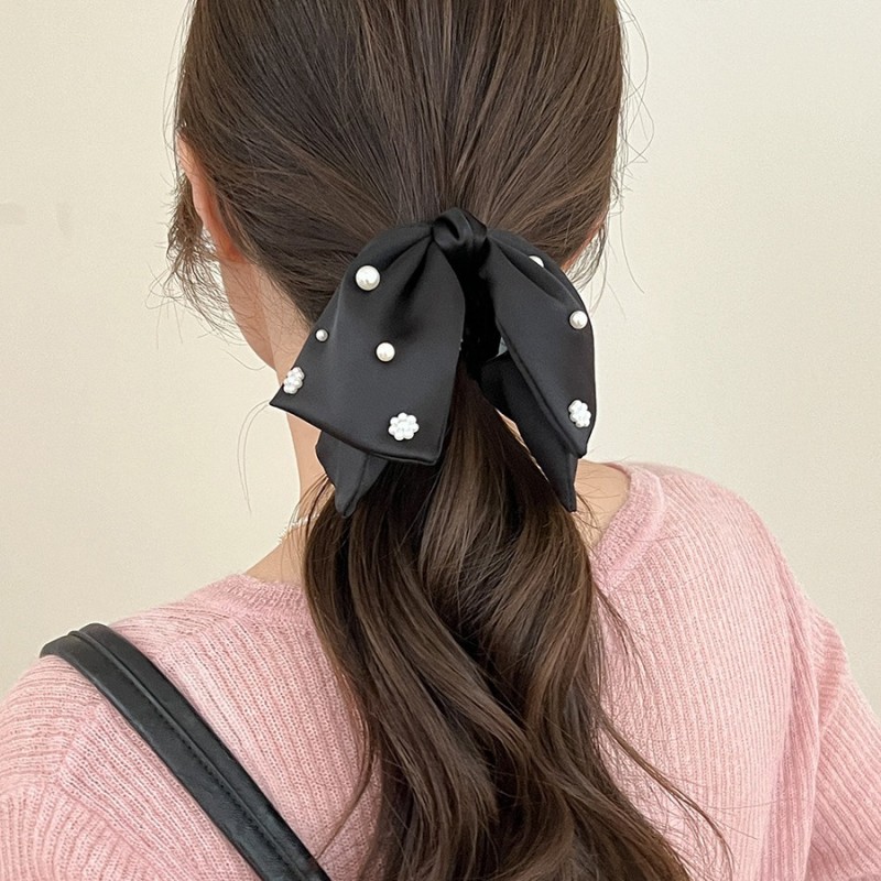Large Retro Elegant Hair Clip for Women - Black Glossy Satin Bow with -like Accent, Hold Low Ponytail & Bun Maker, Vintage Hair Accessory for Weddings, Parties, Everyday Use (No, Easy Clip-In)