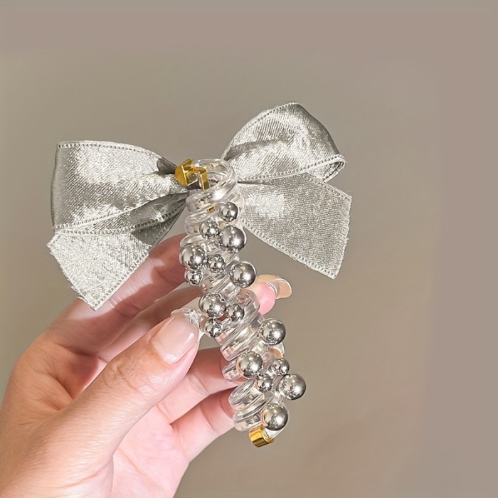 2pcs New Silveryy Beaded Bow Hair Ties Satin Bow Hair Bands Women'S Fashion Y2K Headwear Accessories
