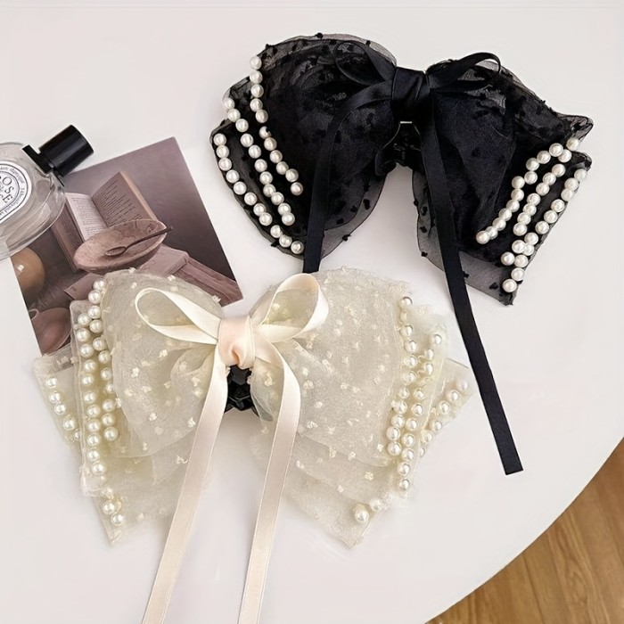 Elegant Large Bow Hair Clip with Pearl and Lace Details - Perfect for Spring and Summer, Ideal for Daily Wear, Commuting, and Special Occasions, Commuting Accessory|Elegant Hair Accessory|Durable Plastic Clip, Hair Clip