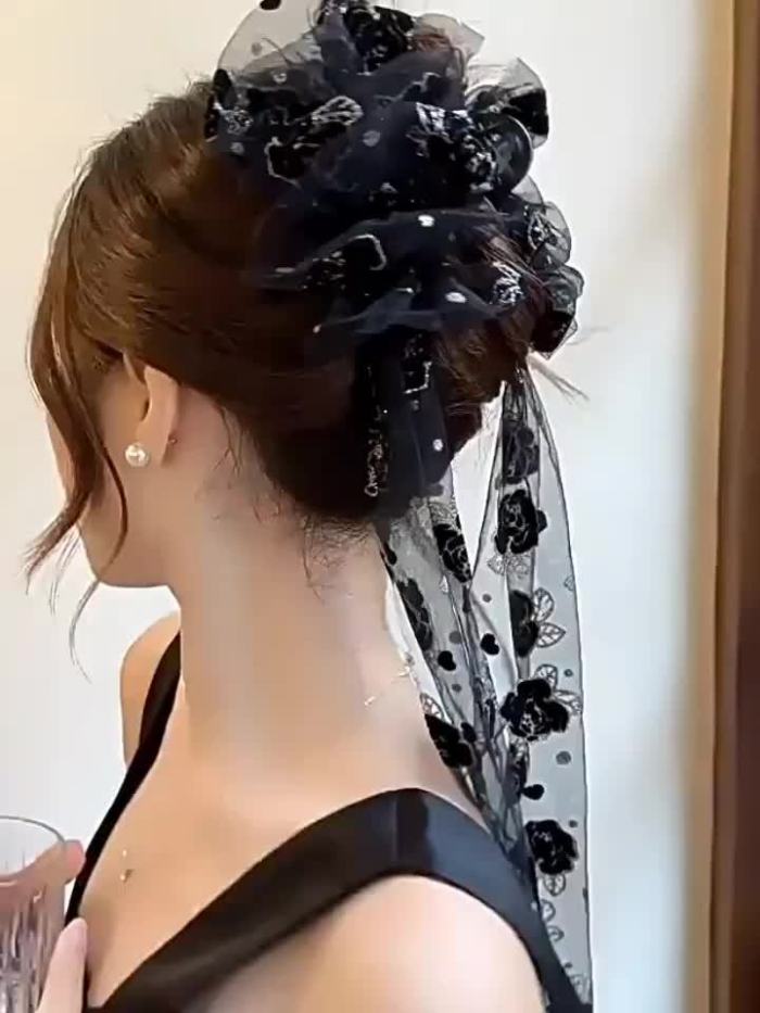 Black Rose Hair Claw with Ribbon Elegant Black Rose Mesh Hair Claw with Long Ribbon - Chic Floral Print, Perfect for All Seasons & Occasions - Ideal Gift for Teens
