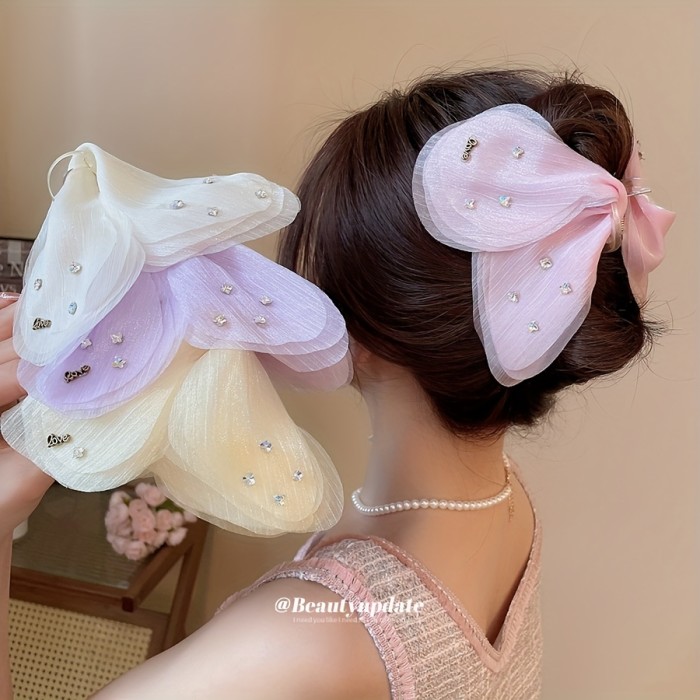 💎Korean Luxury Diamond Bow Hair Clip ✨ Elegant Mesh Shark Clip for Women