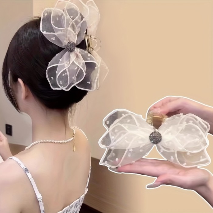 3pcs\u002F1pc Elegant Mesh Polka Dot Bow Hair Claw Clip, Stylish High-End Headwear for Women's Daily Updo, Fashionable and Graceful Hair Accessory, Perfect Gift for Mother's Day, Back-to- Season, Thanksgiving, Christmas, Party Celebrations