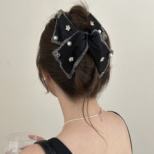 Large Retro Elegant Hair Clip for Women - Black Glossy Satin Bow with -like Accent, Hold Low Ponytail & Bun Maker, Vintage Hair Accessory for Weddings, Parties, Everyday Use (No, Easy Clip-In)