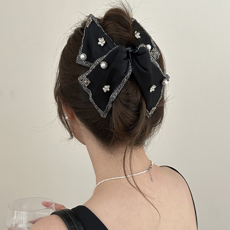 Large Retro Elegant Hair Clip for Women - Black Glossy Satin Bow with -like Accent, Hold Low Ponytail & Bun Maker, Vintage Hair Accessory for Weddings, Parties, Everyday Use (No, Easy Clip-In)